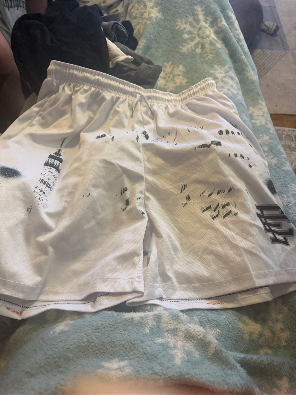 Eric Emanuel White Athletic Mesh Shorts with Black Print